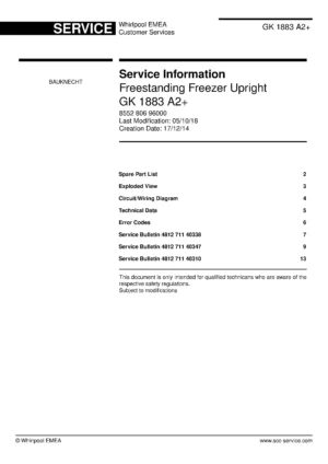 Bauknecht gk 1883 a2 service manual cover with model code, manual contents and publication date