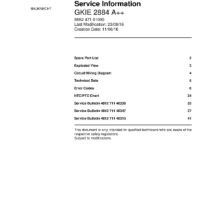 Bauknecht gkie 2884 a service manual cover with model code, manual contents and publication date