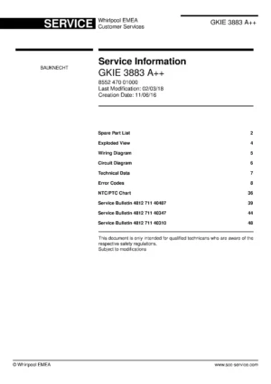 Bauknecht gkie 3883 a service manual cover with model code, manual contents and publication date