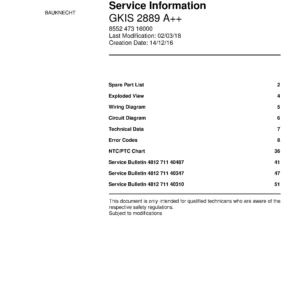 Bauknecht gkis 2889 a service manual cover with model code, manual contents and publication date