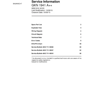 Bauknecht gkn 1941 a service manual cover with model code, manual contents and publication date