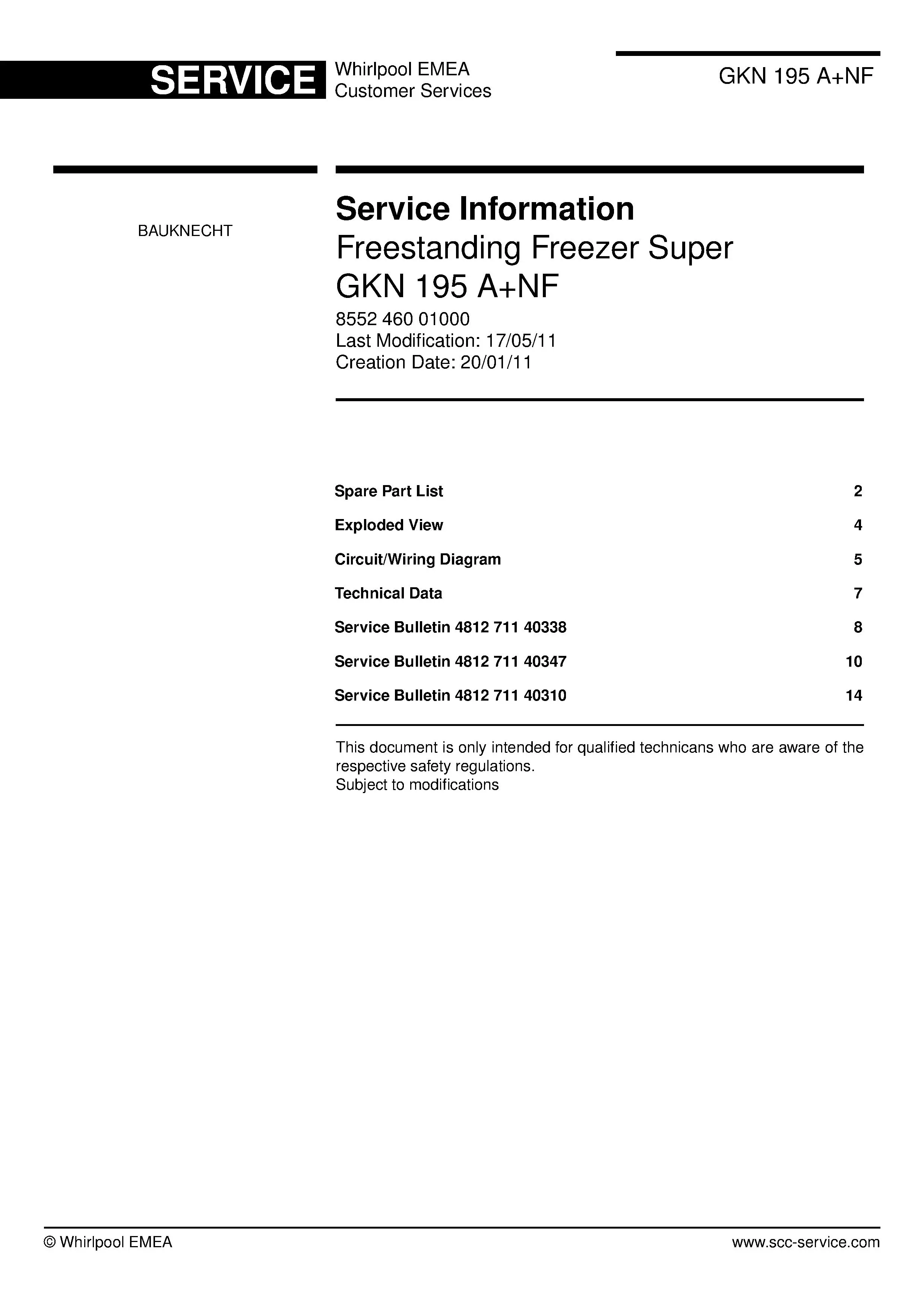 Bauknecht gkn 195 anf service manual cover with model code, manual contents and publication date