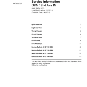 Bauknecht gkn 19f4 a in service manual cover with model code, manual contents and publication date