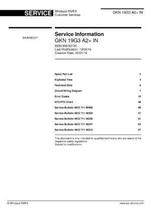 Bauknecht gkn 19g3 a2 in service manual cover with model code, manual contents and publication date