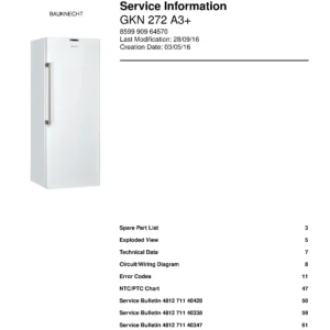 Bauknecht gkn 272 a3 service manual cover with model code, manual contents and publication date