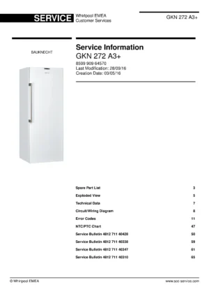 Bauknecht gkn 272 a3 service manual cover with model code, manual contents and publication date