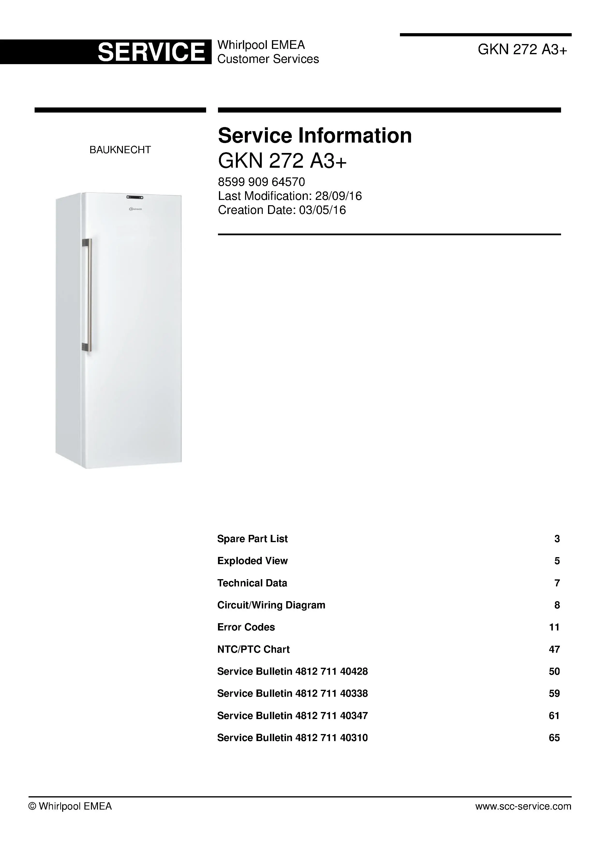 Bauknecht gkn 272 a3 service manual cover with model code, manual contents and publication date