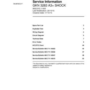 Bauknecht gkn 3283 a3 shock service manual cover with model code, manual contents and publication date