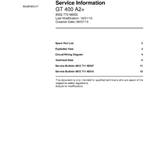 Bauknecht gt 400 a2 service manual cover with model code, manual contents and publication date