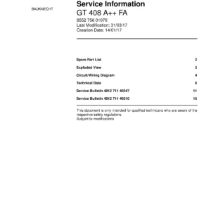 Bauknecht gt 408 a fa service manual cover with model code, manual contents and publication date