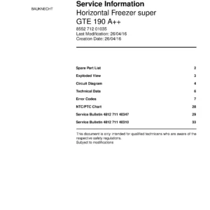 Bauknecht gte 190 a service manual cover with model code, manual contents and publication date