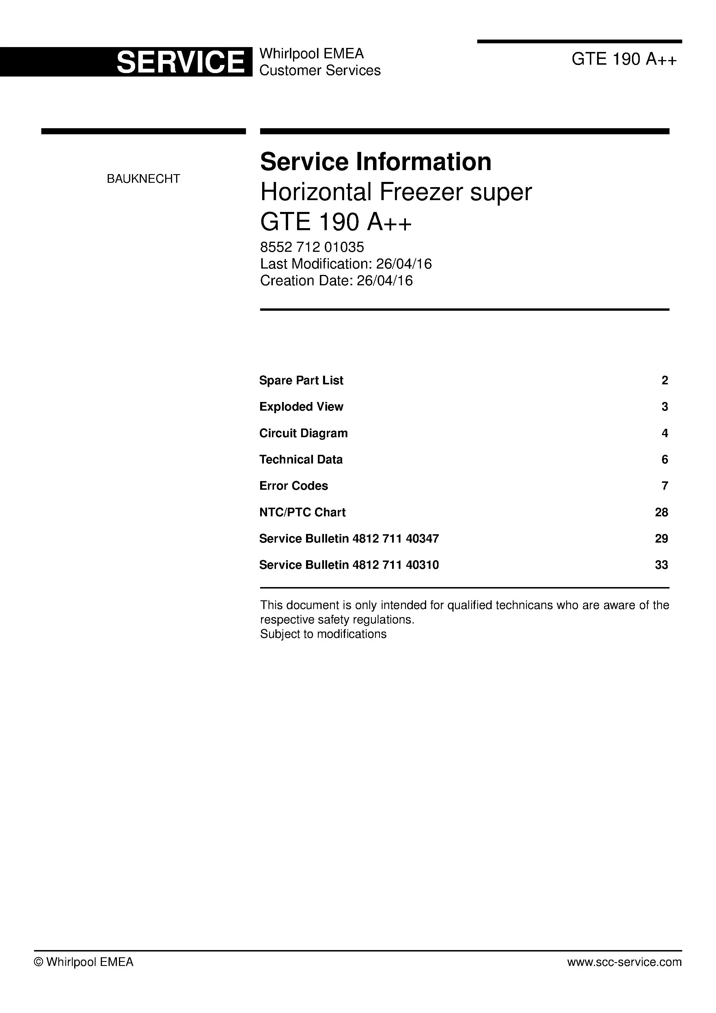 Bauknecht gte 190 a service manual cover with model code, manual contents and publication date