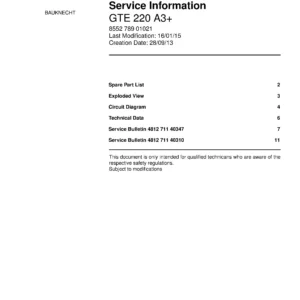 Bauknecht gte 220 a3 service manual cover with model code, manual contents and publication date