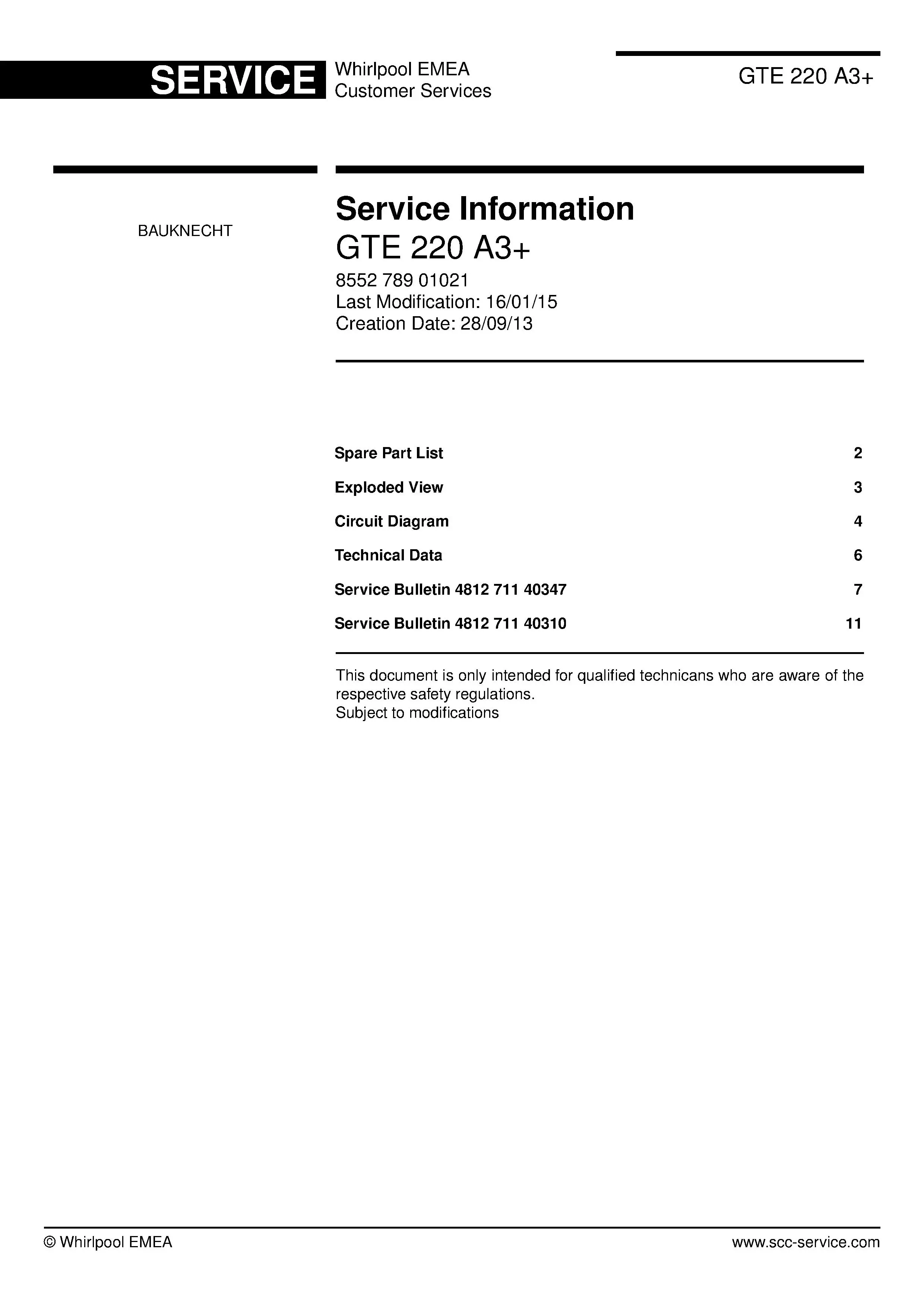 Bauknecht gte 220 a3 service manual cover with model code, manual contents and publication date