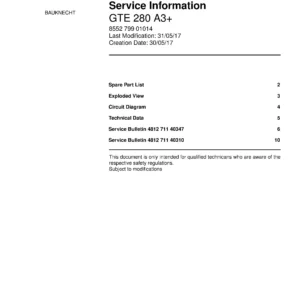 Bauknecht gte 280 a3 service manual cover with model code, manual contents and publication date