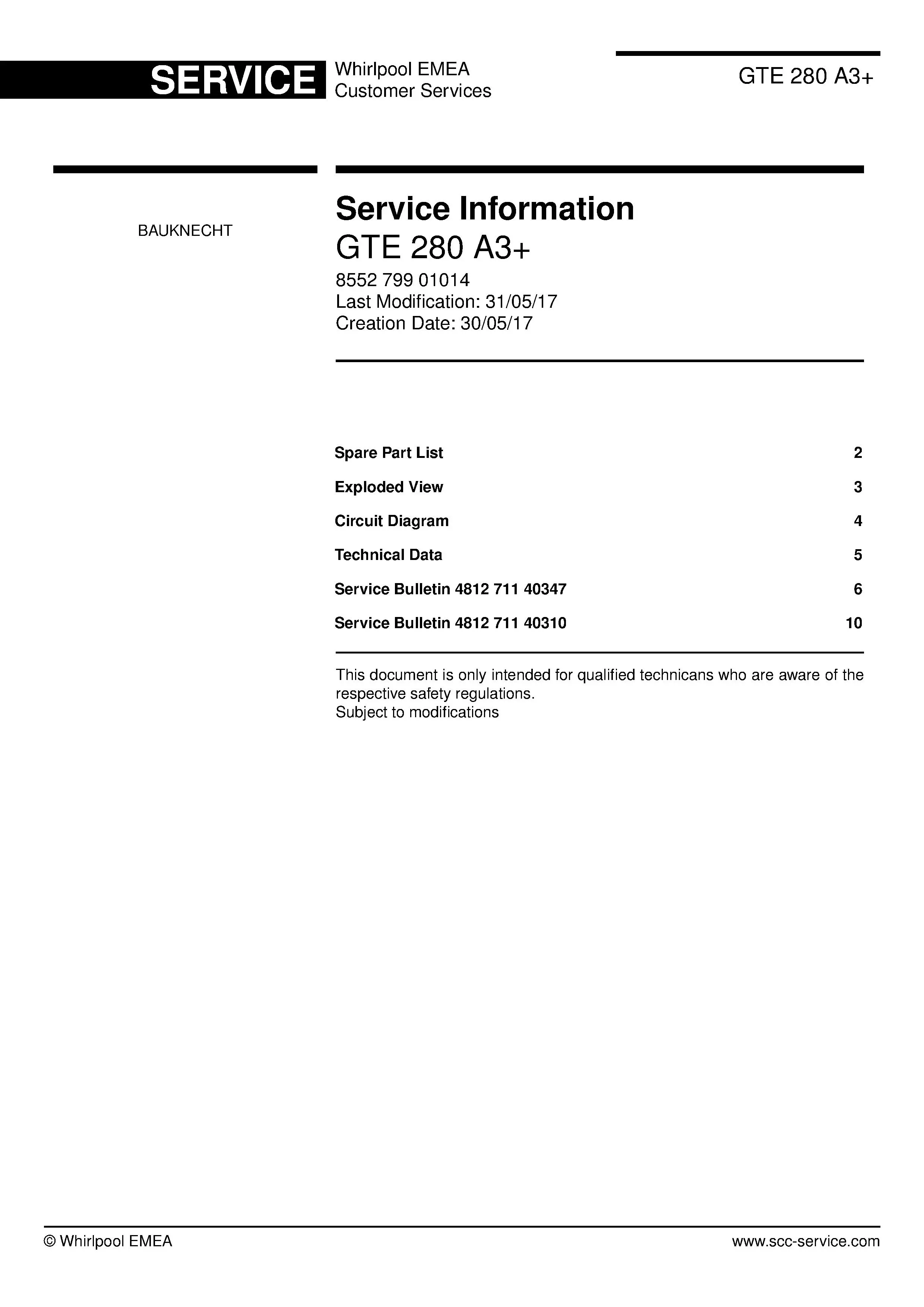 Bauknecht gte 280 a3 service manual cover with model code, manual contents and publication date