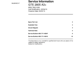Bauknecht gte 2805 a3 service manual cover with model code, manual contents and publication date