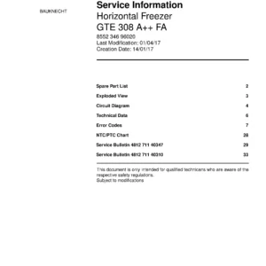 Bauknecht gte 308 a fa service manual cover with model code, manual contents and publication date