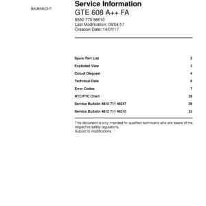 Bauknecht gte 608 a fa service manual cover with model code, manual contents and publication date