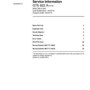 Bauknecht gte 822 a service manual cover with model code, manual contents and publication date
