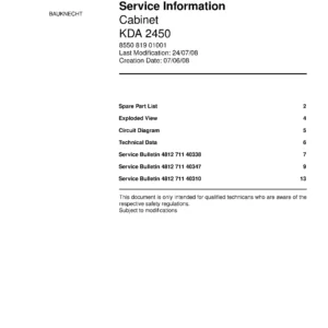 Bauknecht kda 2450 service manual cover with model code, manual contents and publication date
