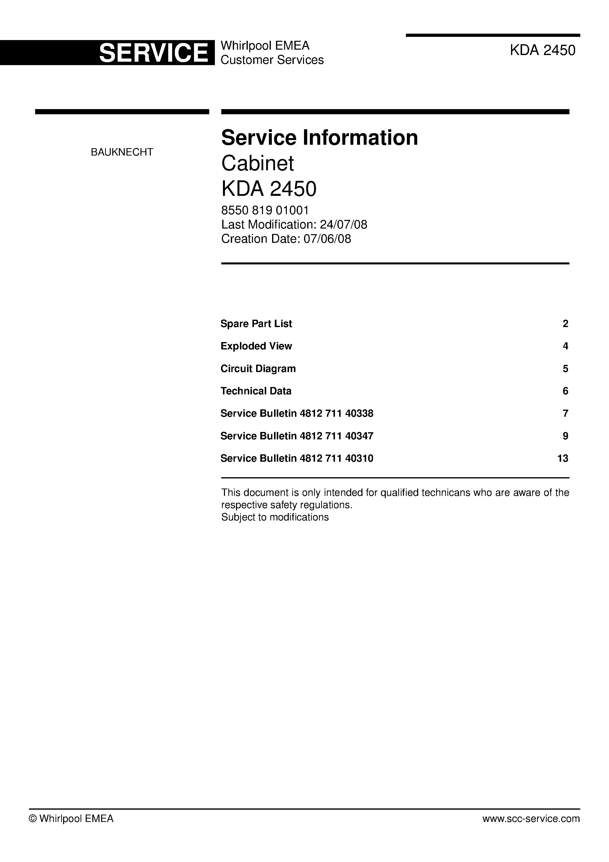 Bauknecht kda 2450 service manual cover with model code, manual contents and publication date