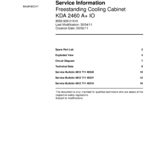 Bauknecht kda 2460 a io service manual cover with model code, manual contents and publication date