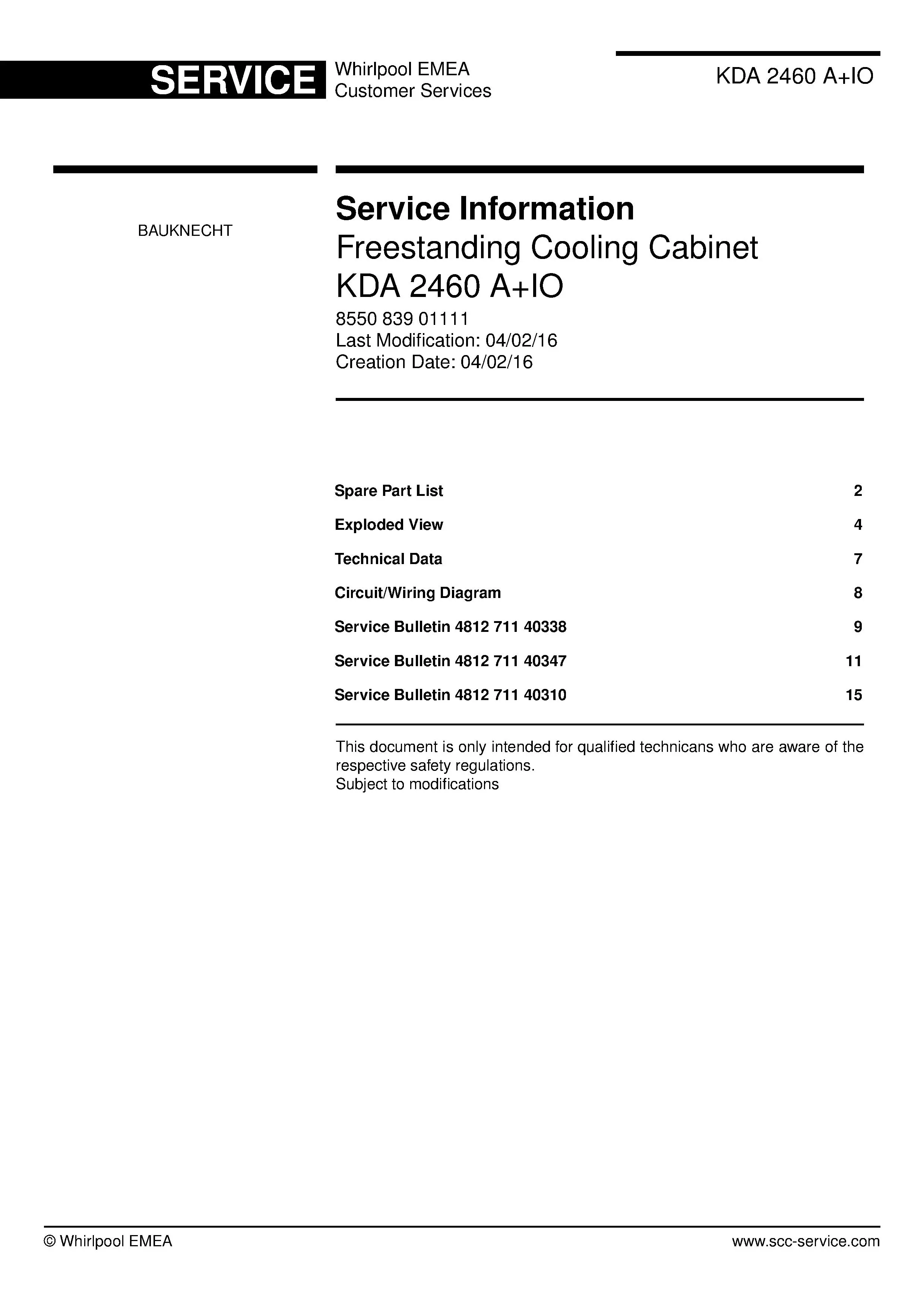 Bauknecht kda 2460 aio service manual cover with model code, manual contents and publication date