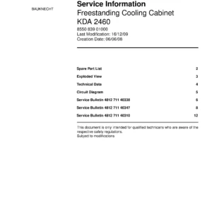 Bauknecht kda 2460 service manual cover with model code, manual contents and publication date