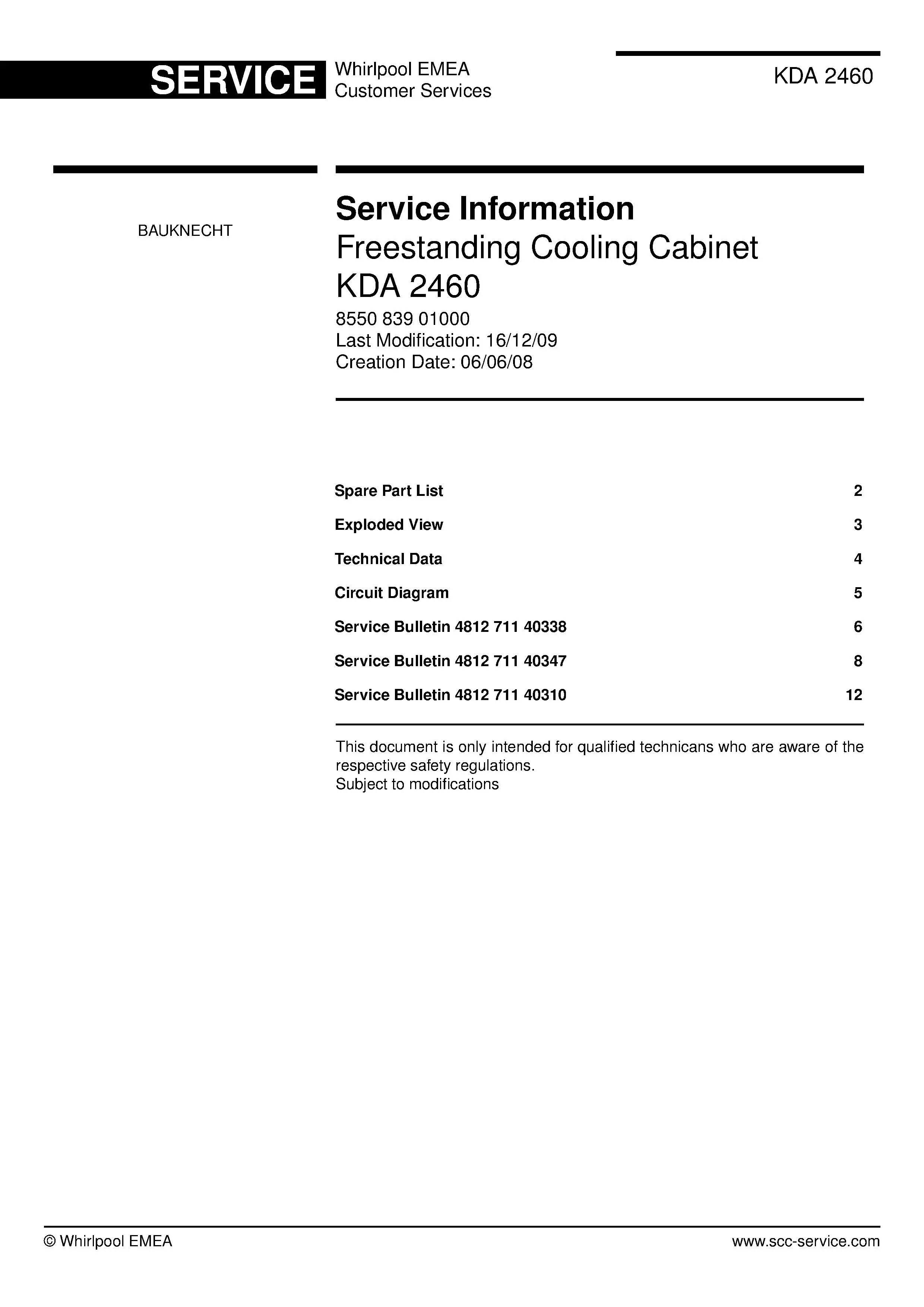 Bauknecht kda 2460 service manual cover with model code, manual contents and publication date