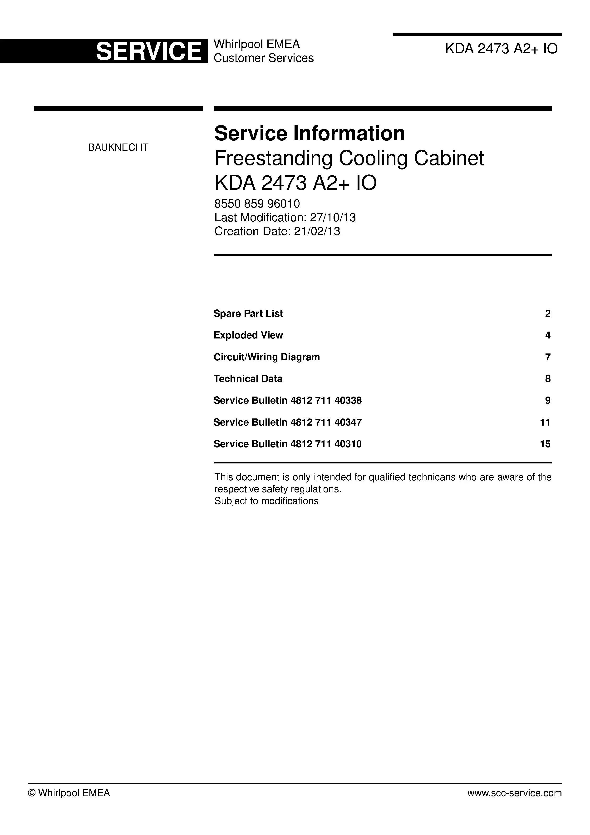 Bauknecht kda 2473 a2 io service manual cover with model code, manual contents and publication date