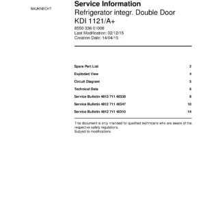 Bauknecht kdi 1121 a service manual cover with model code, manual contents and publication date