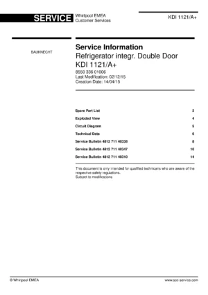 Bauknecht kdi 1121 a service manual cover with model code, manual contents and publication date