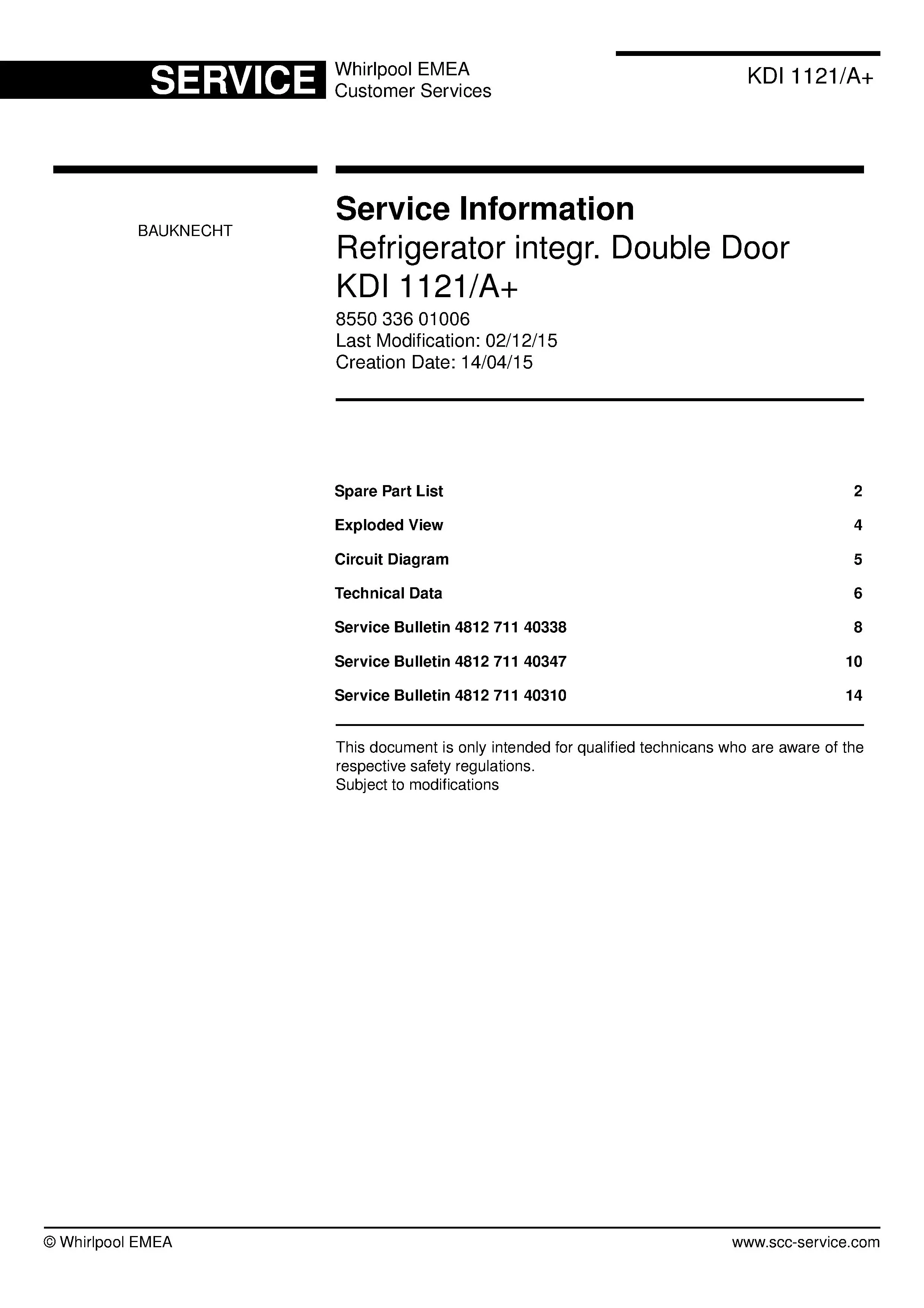 Bauknecht kdi 1121 a service manual cover with model code, manual contents and publication date