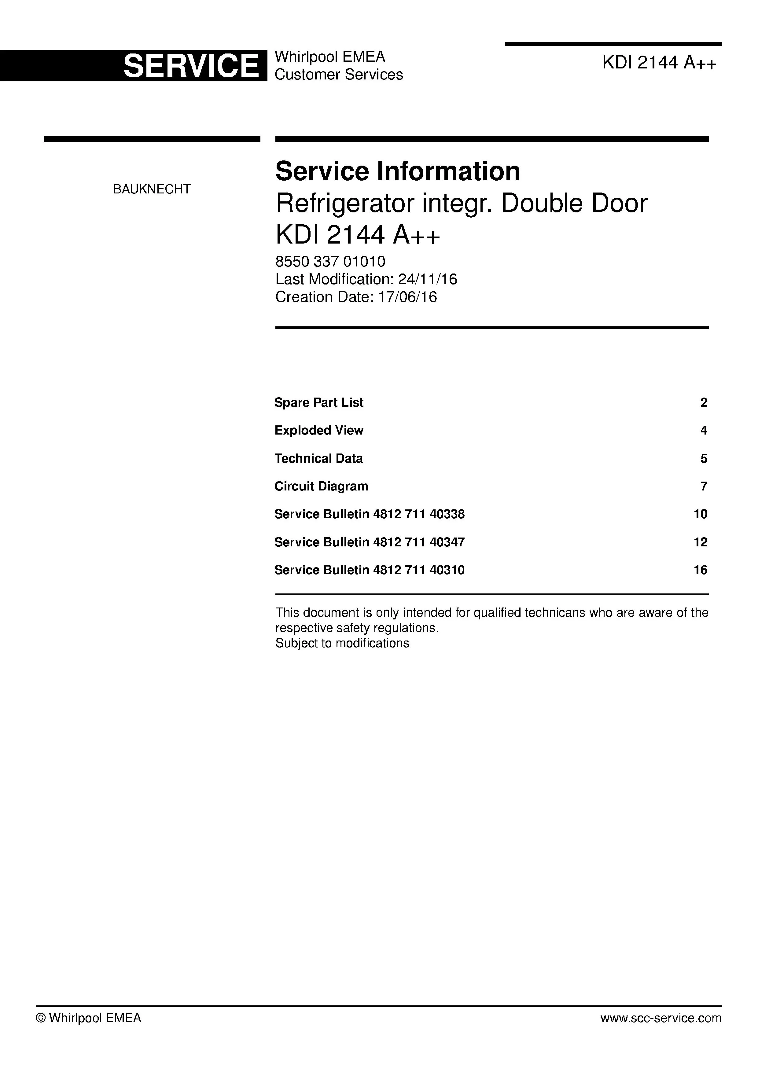 Bauknecht kdi 2144 a service manual cover with model code, manual contents and publication date