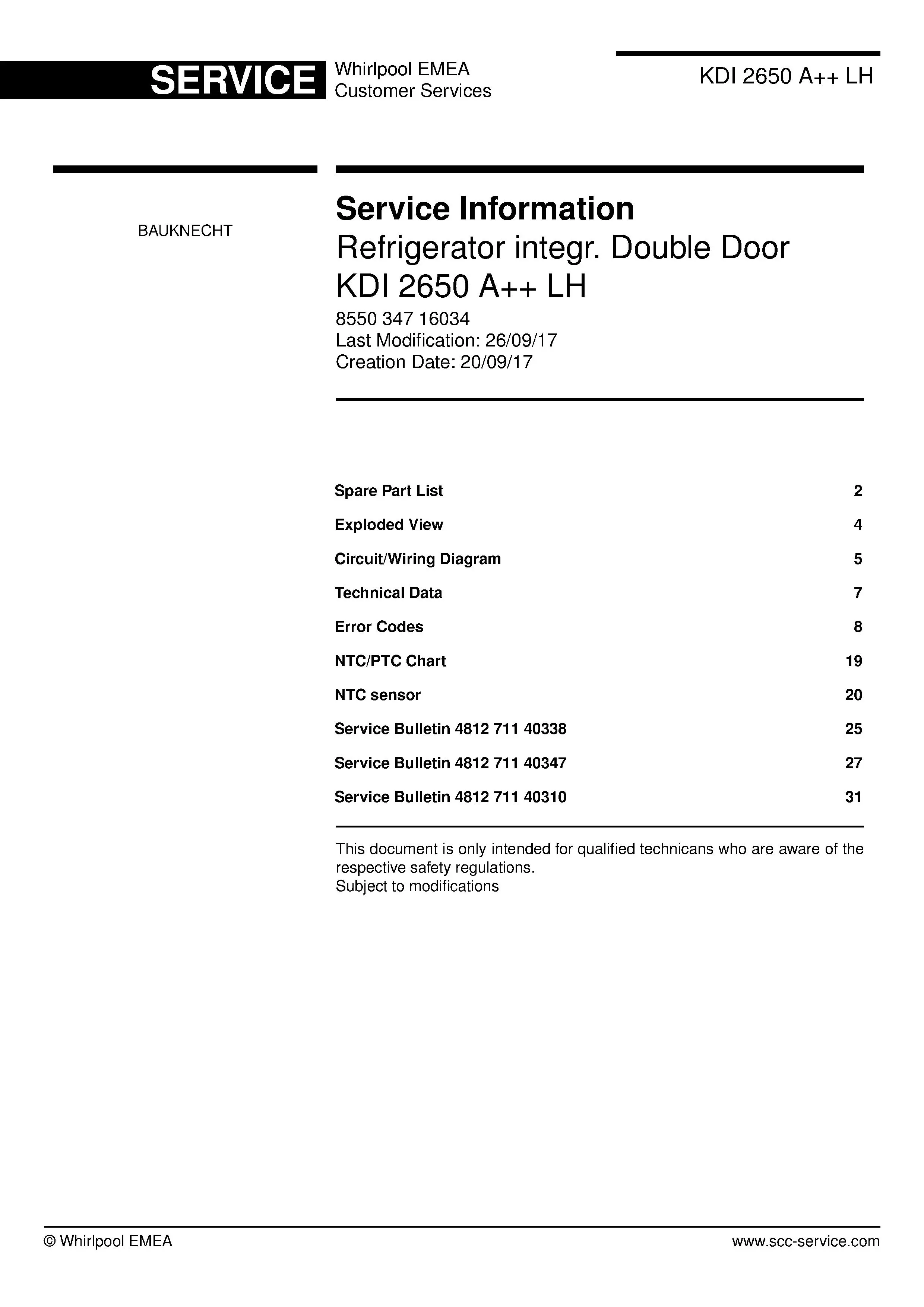 Bauknecht kdi 2650 a lh service manual cover with model code, manual contents and publication date