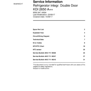 Bauknecht kdi 2650 a service manual cover with model code, manual contents and publication date