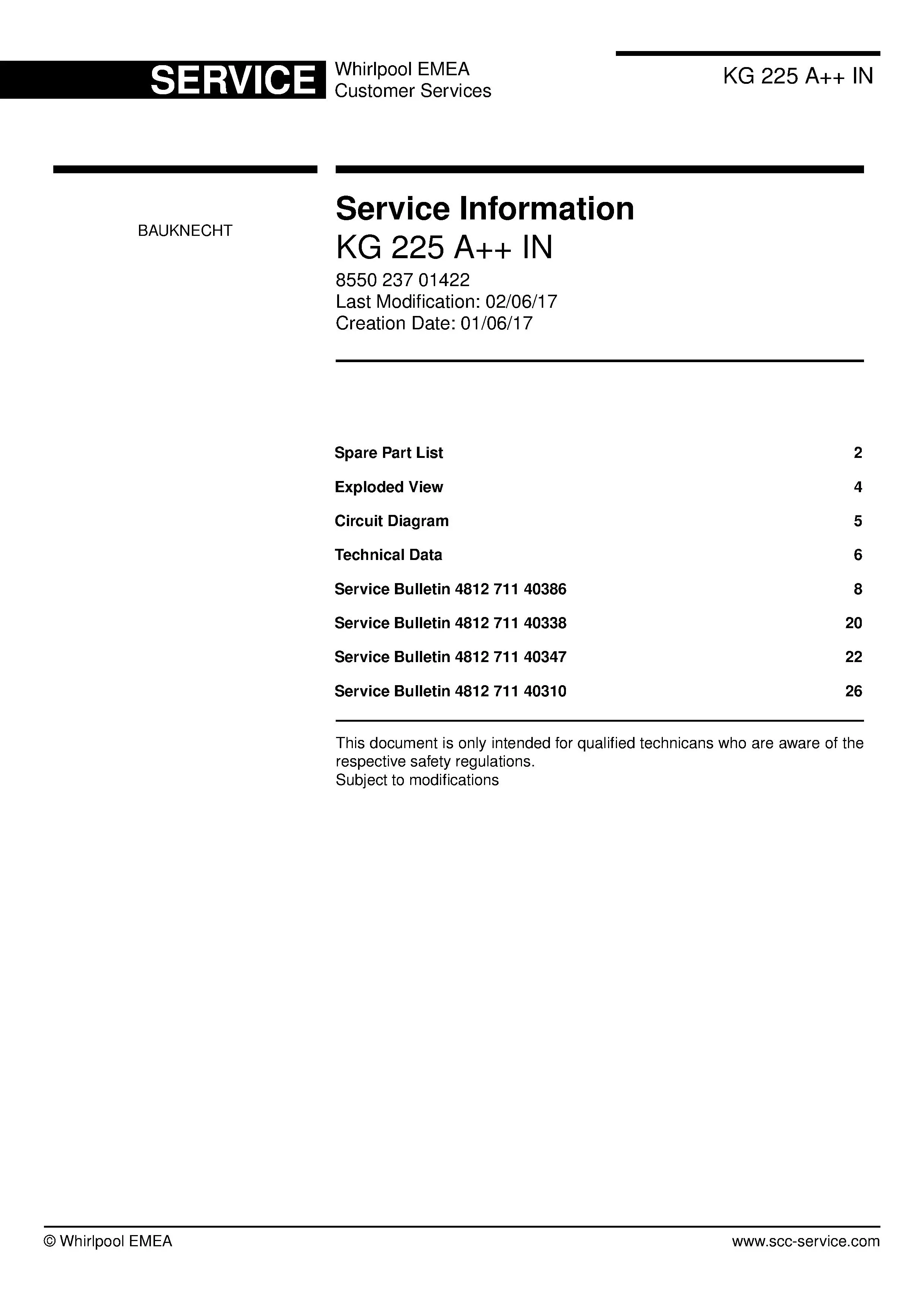Bauknecht kg 225 a in service manual cover with model code, manual contents and publication date