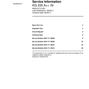 Bauknecht kg 335 a 2 plus in service manual cover with model code, manual contents and publication date