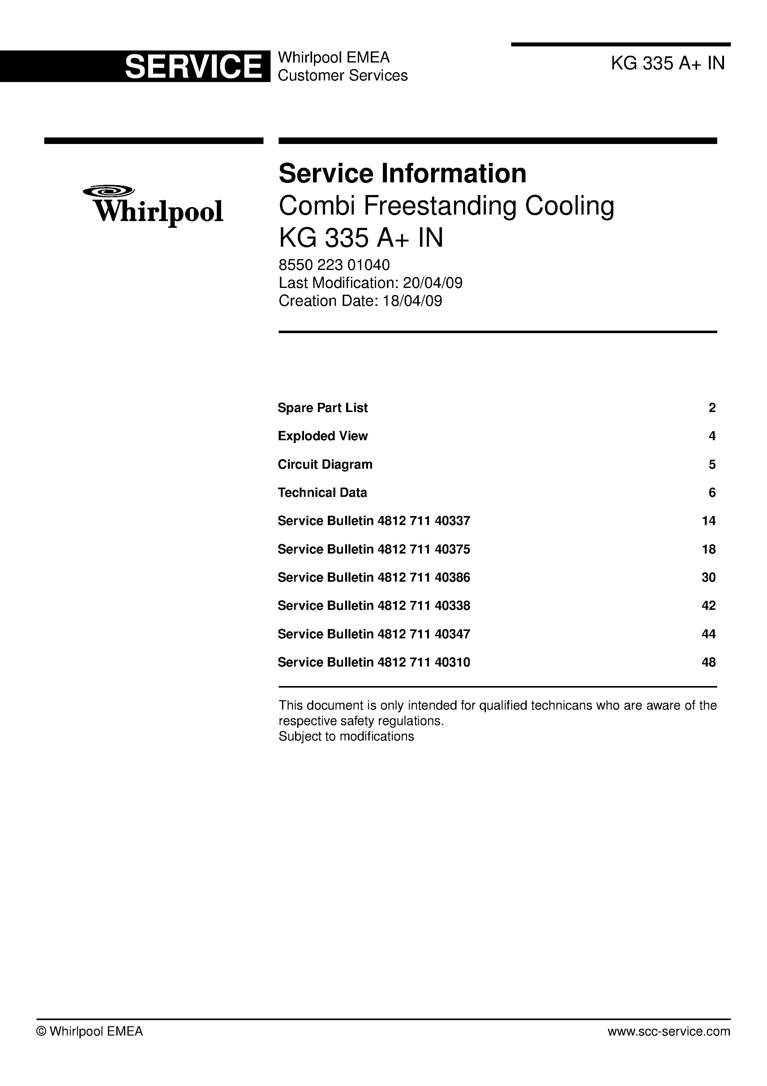 Bauknecht kg 335 a in service manual cover with model code, manual contents and publication date