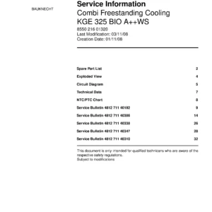 Bauknecht kge 325 bio aws service manual cover with model code, manual contents and publication date