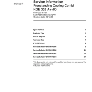 Bauknecht kge 332 aio service manual cover with model code, manual contents and publication date