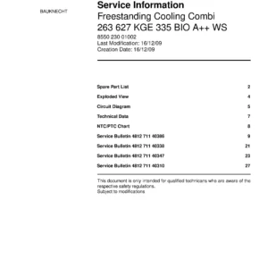 Bauknecht kge 335 bio a ws service manual cover with model code, manual contents and publication date
