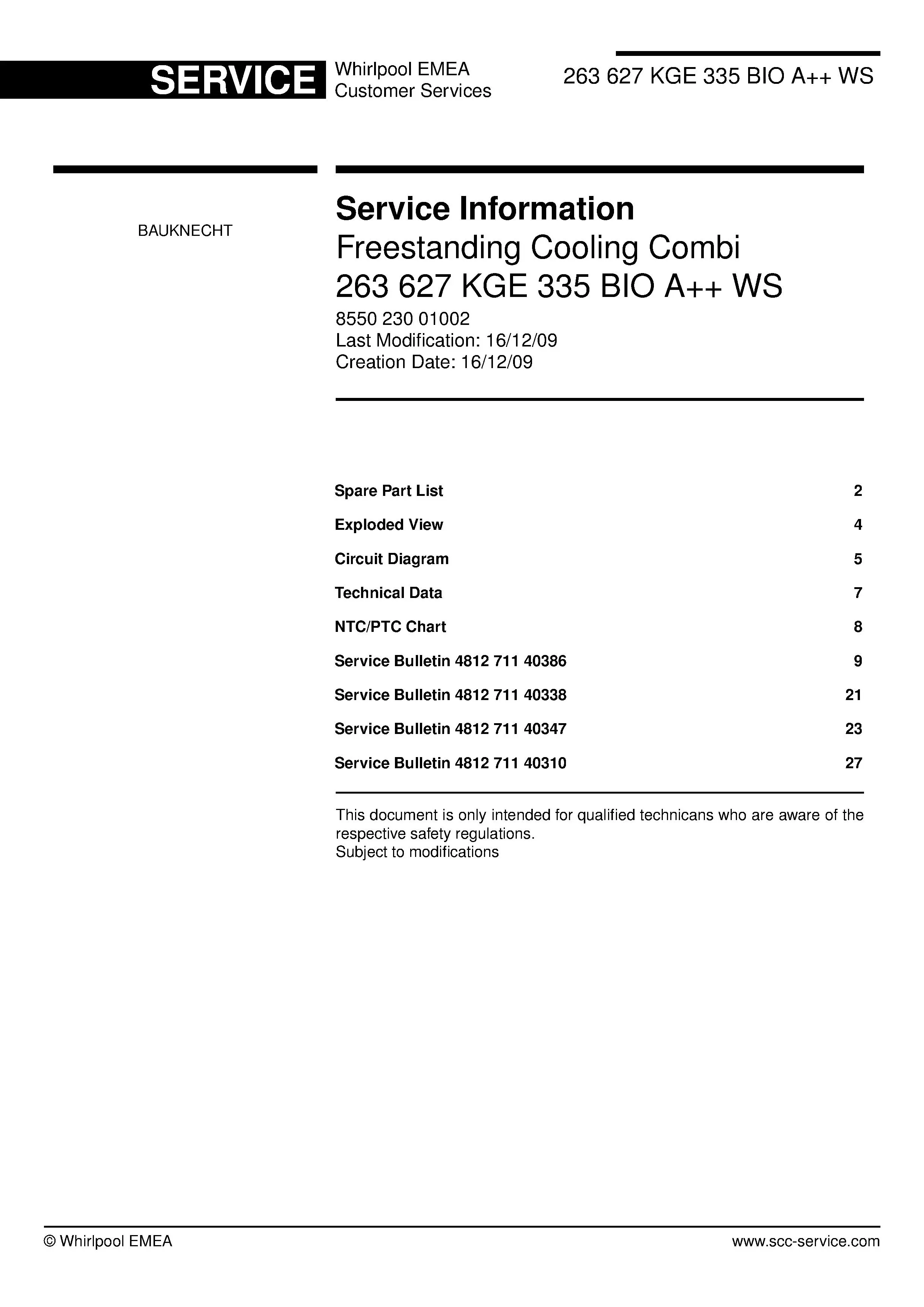 Bauknecht kge 335 bio a ws service manual cover with model code, manual contents and publication date
