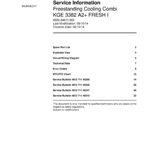 Bauknecht kge 3382 a2 fresh i service manual cover with model code, manual contents and publication date