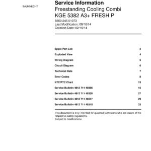 Bauknecht kge 5382 a3 fresh p service manual cover with model code, manual contents and publication date