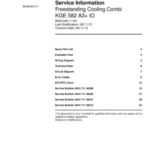 Bauknecht kge 582 a3 io service manual cover with model code, manual contents and publication date