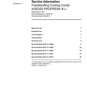Bauknecht kge335 profresh a service manual cover with model code, manual contents and publication date