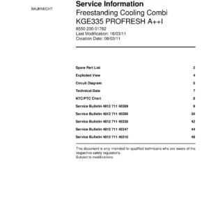 Bauknecht kge335 profresh ai service manual cover with model code, manual contents and publication date