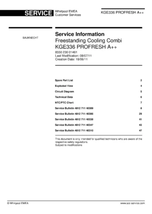 Bauknecht kge336 profresh a service manual cover with model code, manual contents and publication date